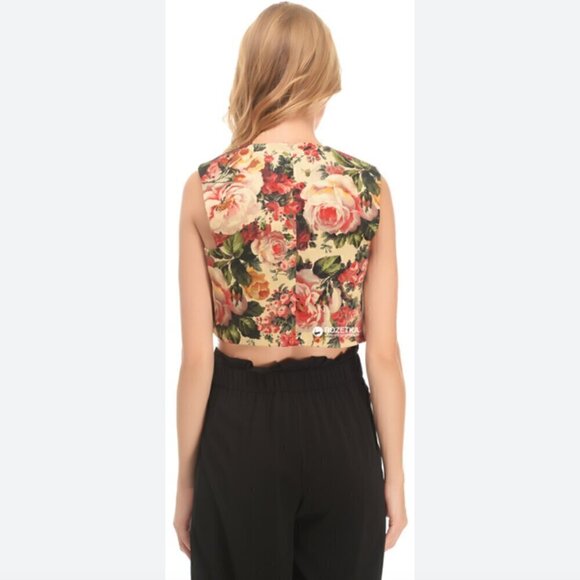 Zara Floral Crop Tank Top S V-Neck Vintage Rose Print Zip Back Summer Flower - Picture 9 of 10
